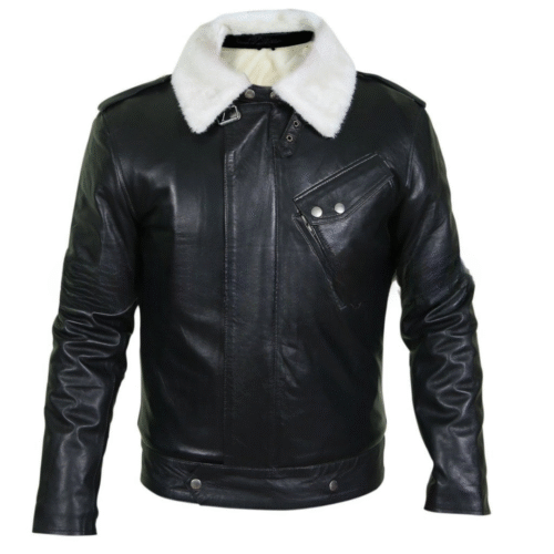 High Value Man (HVM) Men Black Genuine Leather Jacket with White Fur Collar