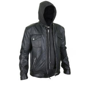 High Value Man (HVM) Men’s Black Leather Jacket with Hoodie - XL