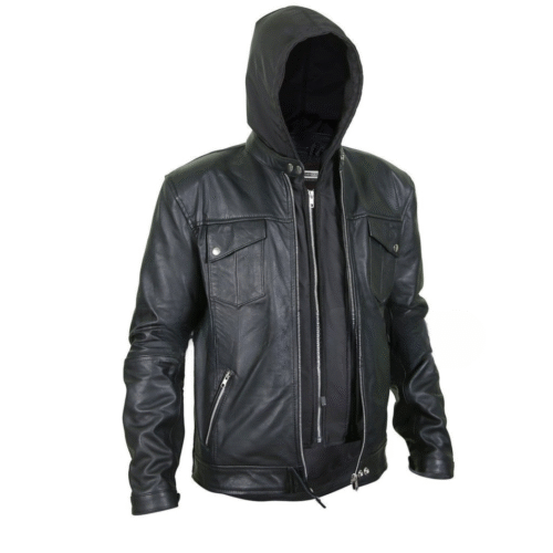 High Value Man (HVM) Men’s Black Leather Jacket with Hoodie