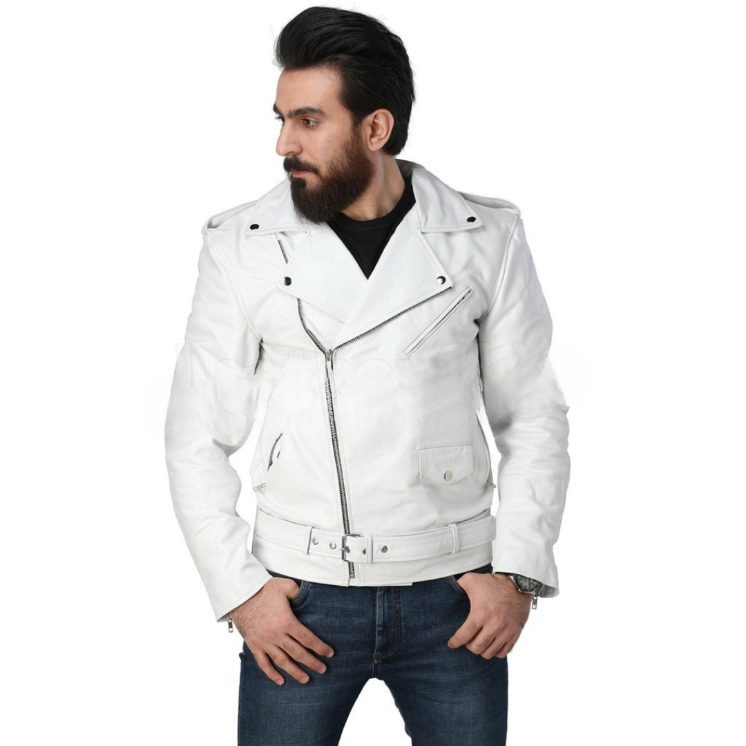High Value Man (HVM) Men White Biker Leather Jacket